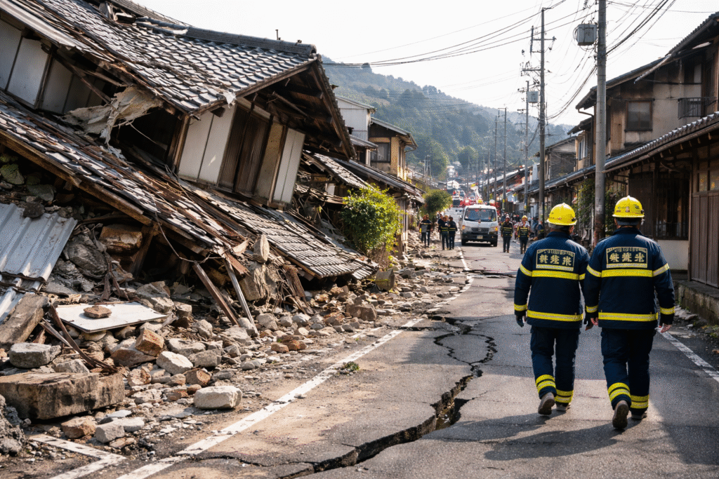Emergency responders walk through a damaged street in Japan’s Chugoku region after a 6.2-magnitude earthquake, with collapsed buildings, debris, cracked roads, and emergency vehicles visible in daylight.