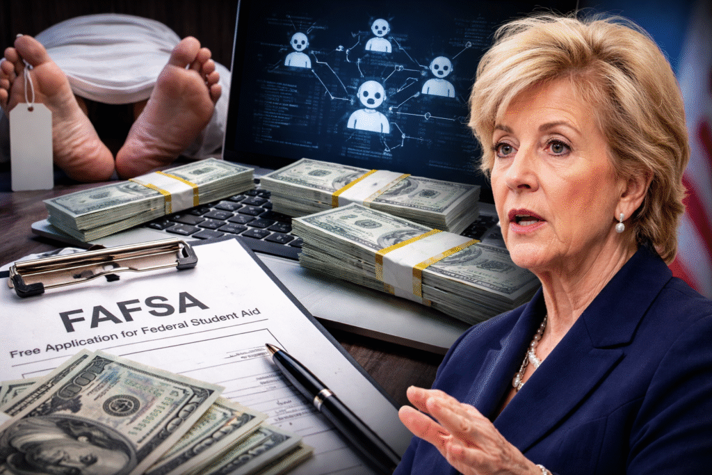 Photo illustration showing a FAFSA application form on a clipboard beside stacks of U.S. dollar bills, a laptop displaying bot-style icons, and a body tag on covered feet, with Education Secretary Linda McMahon speaking in the foreground, symbolizing student aid fraud involving deceased recipients and automated schemes.
