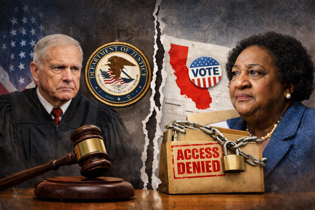 Composite image showing a federal judge with a gavel on one side and California Secretary of State Shirley Weber on the other, separated by a torn divider, with a locked folder symbolizing restricted access to voter data and a California map in the background.