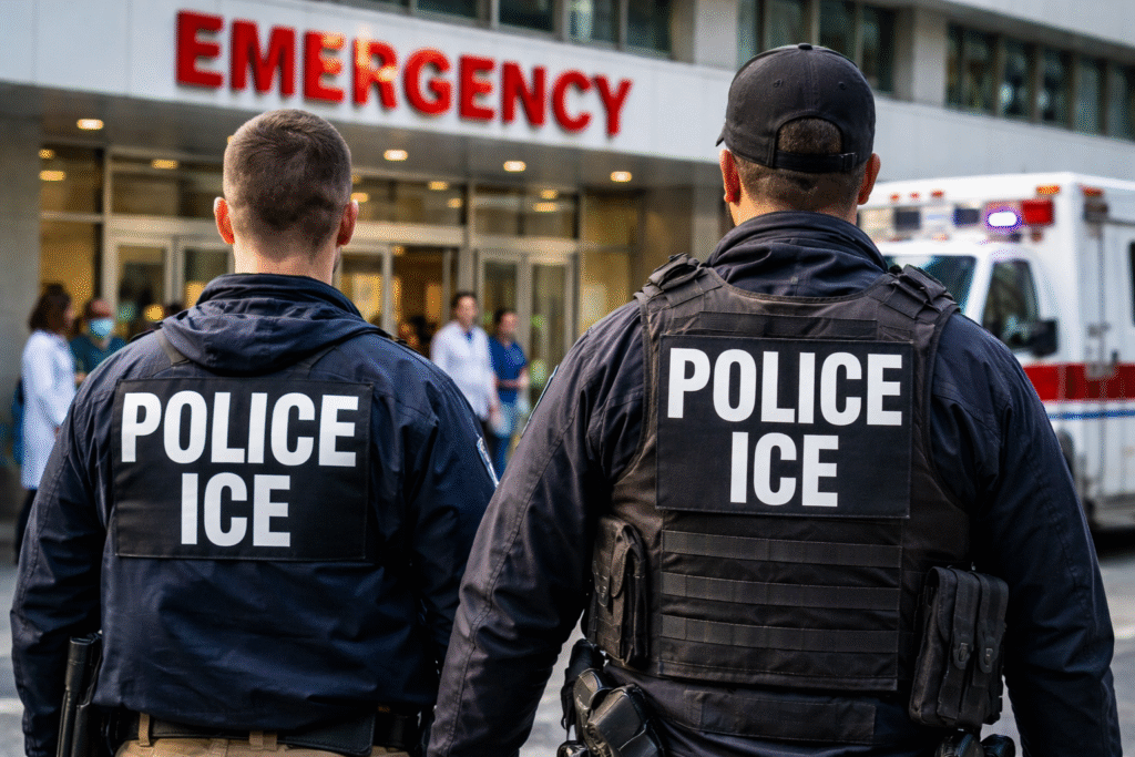 Two ICE agents stand outside the emergency entrance of a New York City hospital while medical staff and an ambulance are visible in the background.