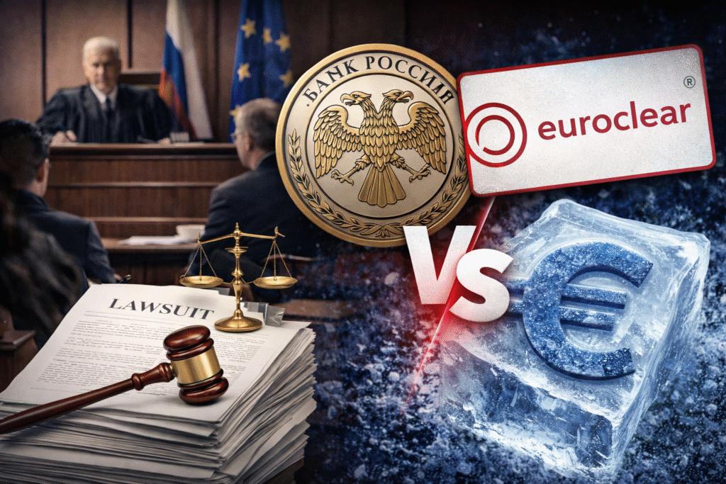 Courtroom scene with legal documents and a judge’s gavel alongside symbols representing the Central Bank of Russia and Euroclear, with a frozen euro symbol illustrating assets immobilized under sanctions.
