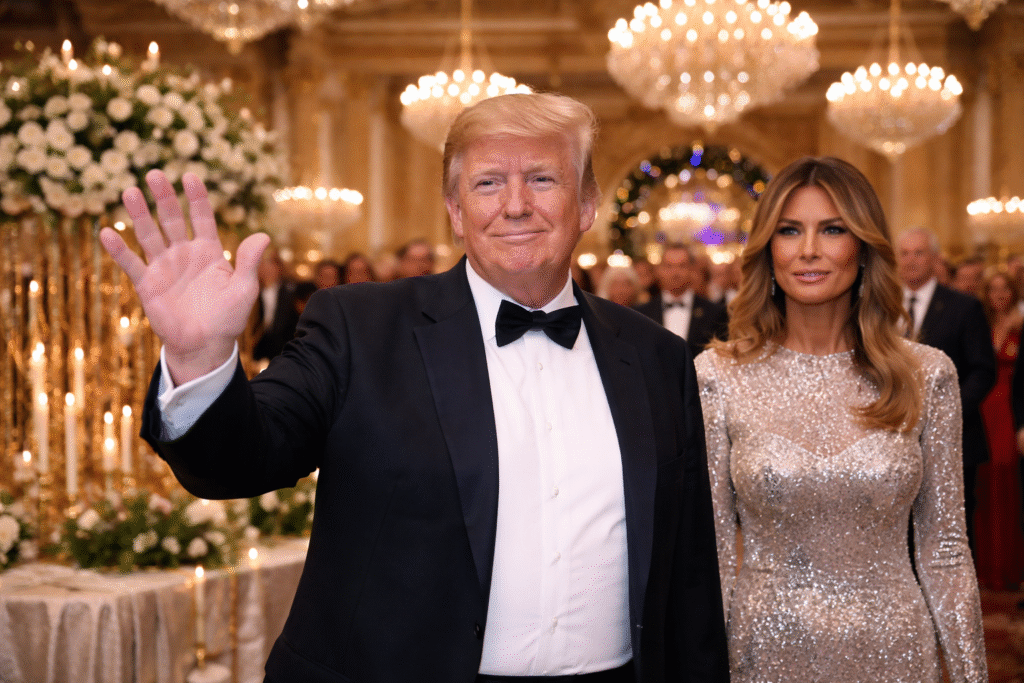 President Donald Trump waves to guests alongside Melania Trump during a New Year’s Eve celebration at Mar-a-Lago, standing in a decorated ballroom with chandeliers and floral arrangements visible in the background.