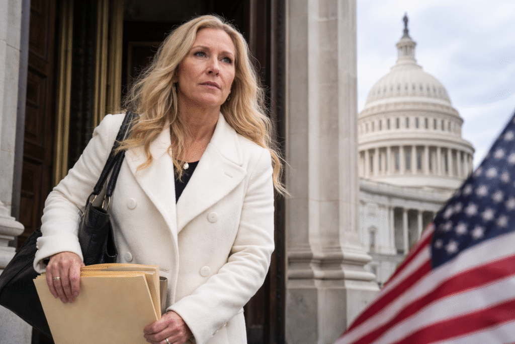 Marjorie Taylor Greene walks out of the U.S. Capitol wearing a white coat and carrying documents, with the Capitol dome and an American flag visible in the background on a winter day.
