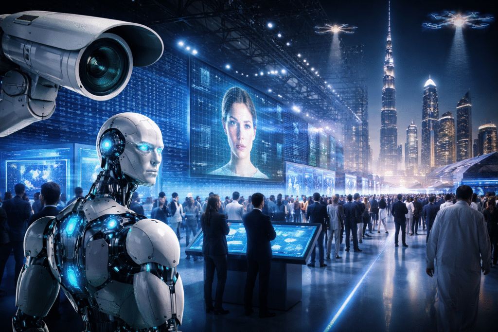 Futuristic security technology exhibition in Dubai showing a large surveillance camera, a humanoid robot, digital facial recognition displays, and crowds inside a high-tech expo hall, with drones in the sky and the Dubai skyline visible in the background.