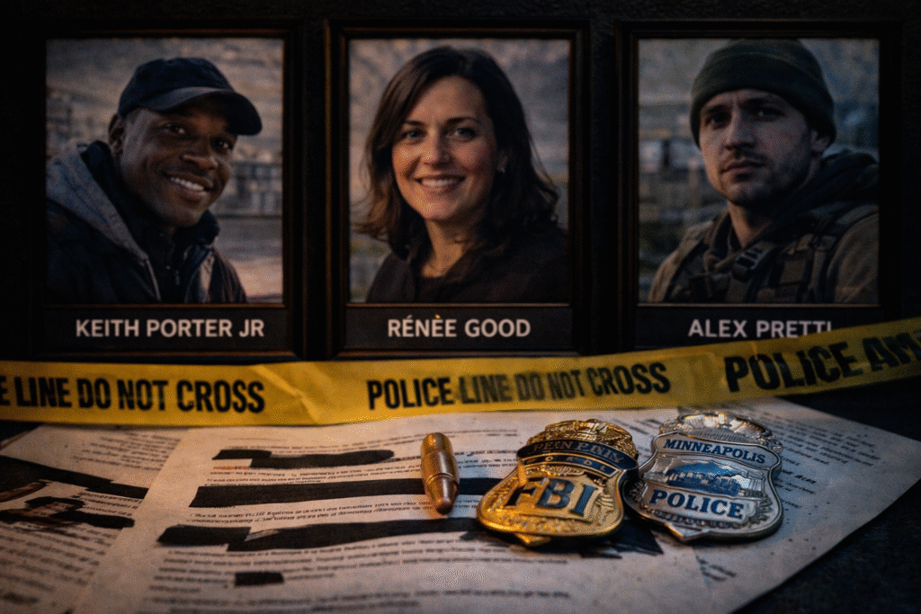Three framed photographs of Keith Porter Jr., Renée Good, and Alex Pretti displayed on a surface with police tape in the foreground, alongside redacted documents and law enforcement badges under low, dramatic lighting.