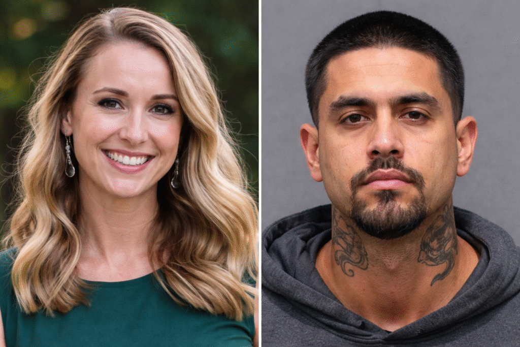 Composite image showing Raleigh teacher Zoe Welsh smiling outdoors on the left and suspect Ryan Camacho in a booking-style photo on the right, highlighting the victim and the accused in the fatal home invasion case.