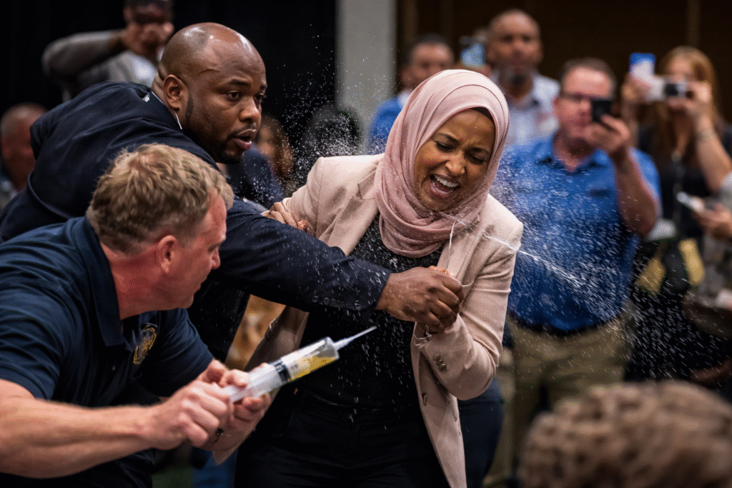 Security restrains a man holding a syringe as liquid splashes toward Rep. Ilhan Omar during a crowded Minneapolis town hall, with onlookers recording the incident.