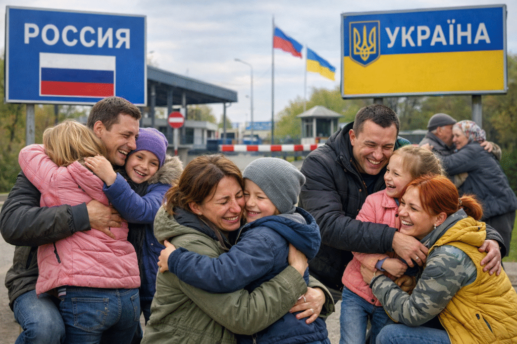 Families reunite at the Russia–Ukraine border crossing, embracing with mixed emotions as national border signs and flags mark the checkpoint in the background.