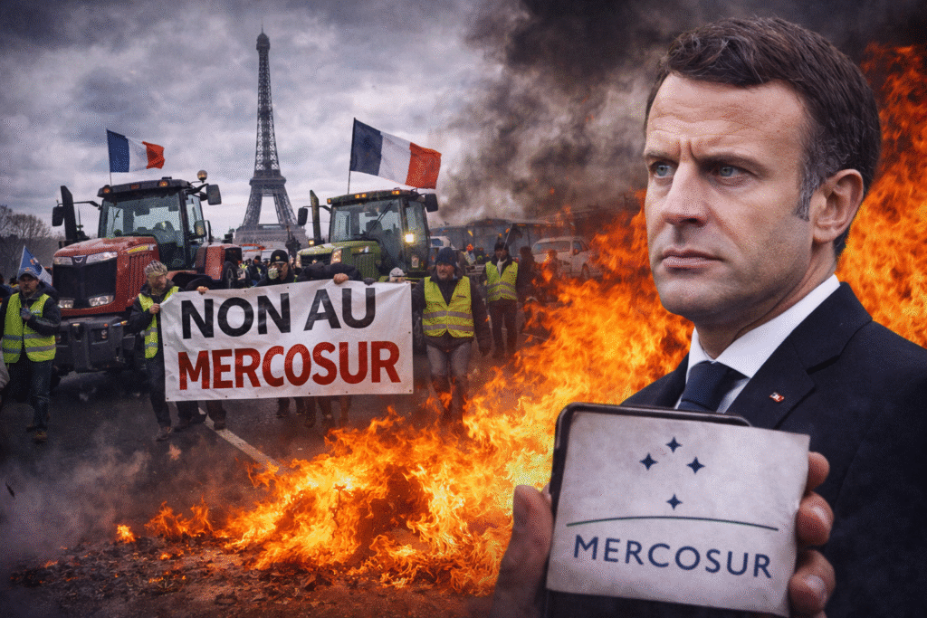 French farmers protest near the Eiffel Tower with tractors and French flags as fires burn in the street, while President Emmanuel Macron appears in the foreground holding a document related to the Mercosur trade deal.