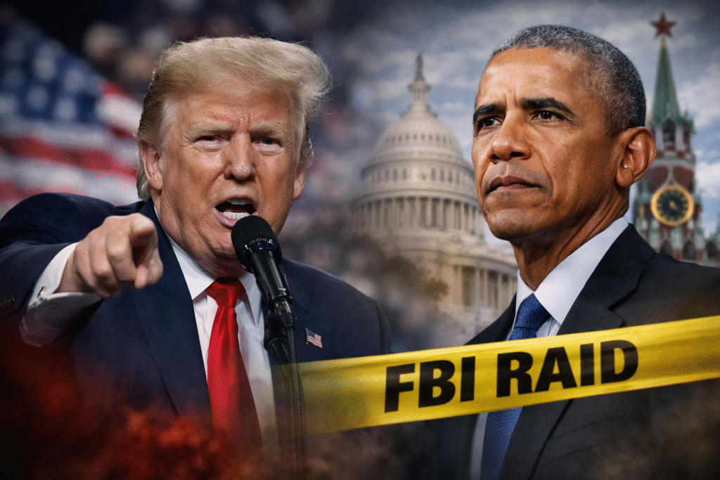 Composite image showing Donald Trump speaking at a rally on the left and Barack Obama standing solemnly on the right, with the U.S. Capitol in the background and yellow law-enforcement tape crossing the foreground.