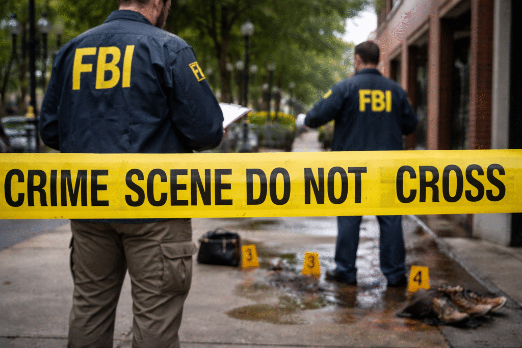 FBI agents stand behind crime scene tape at an active investigation site in Savannah, Georgia, examining evidence markers and personal items on a city sidewalk.