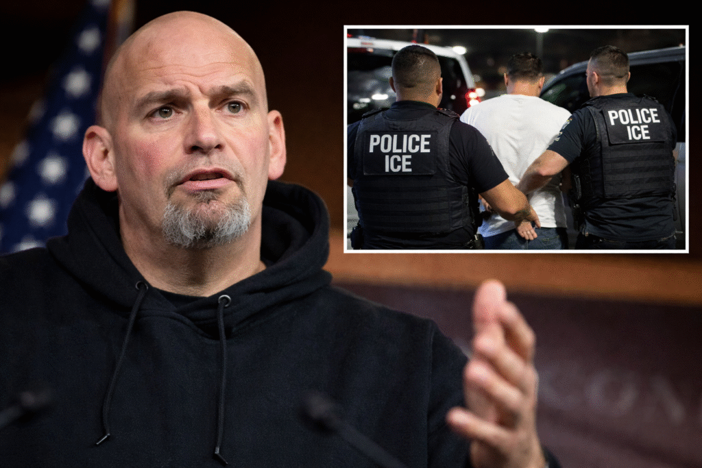 Sen. John Fetterman speaking at a press event, with an inset image showing ICE agents arresting a suspect during a nighttime enforcement operation.
