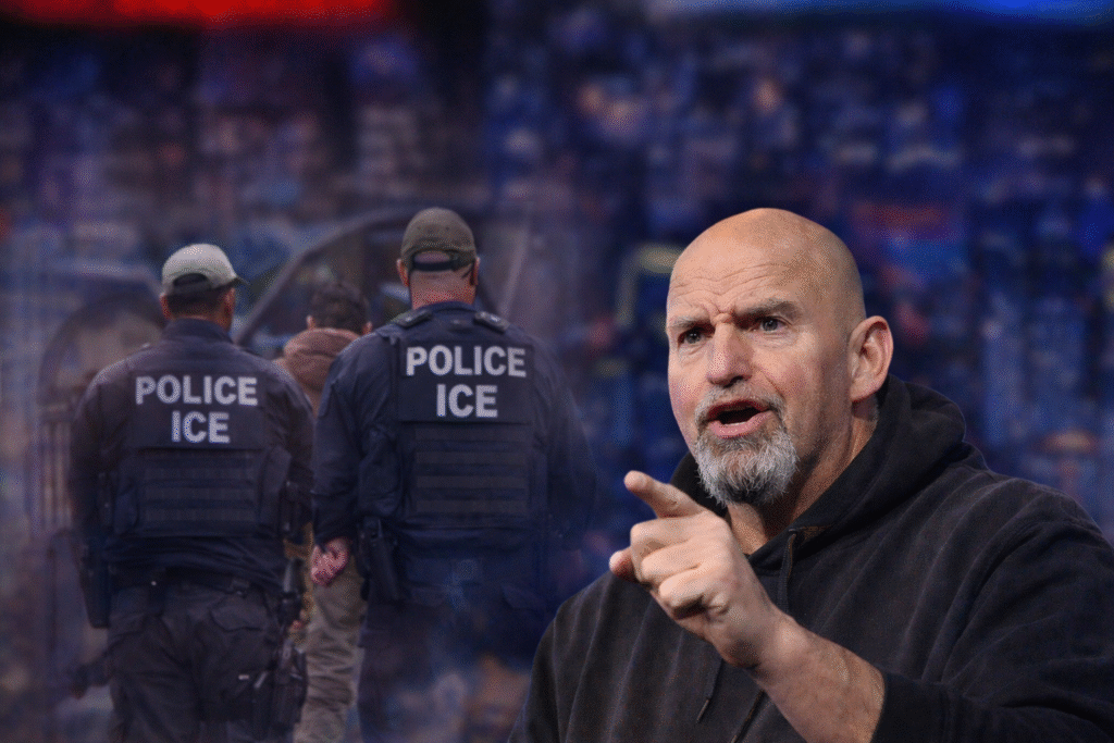Composite image showing Senator John Fetterman gesturing while speaking on one side, with two ICE officers escorting an individual in the background on the other, illustrating debate over immigration enforcement and deportation policy.