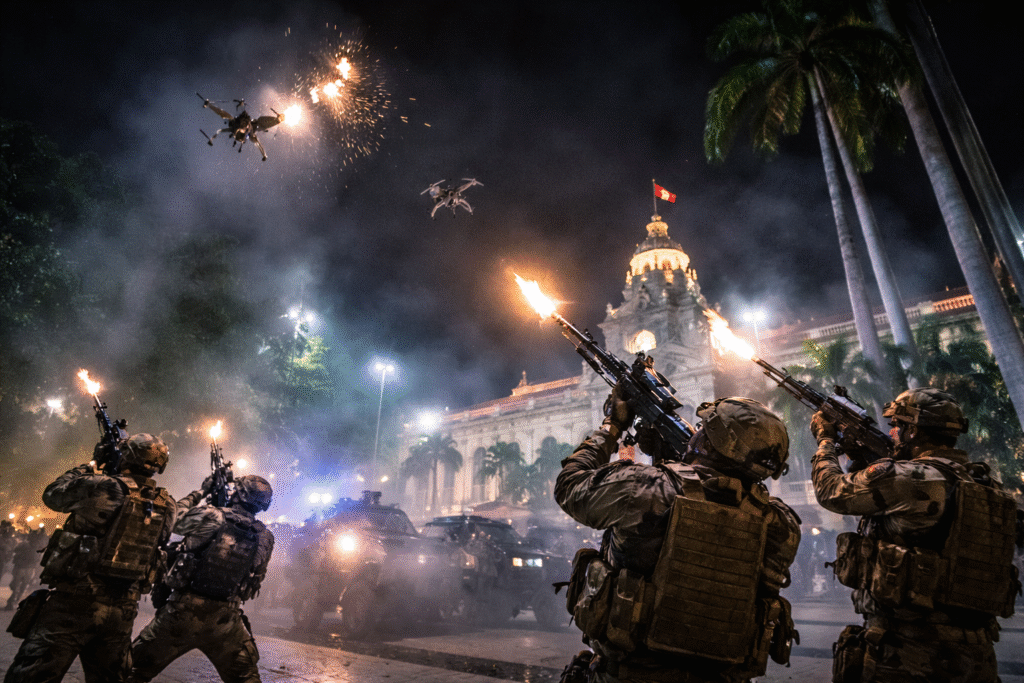Armed Venezuelan soldiers firing rifles at drones overhead near Miraflores Palace in Caracas at night, with tracer rounds, explosions, and smoke visible around the illuminated presidential palace.