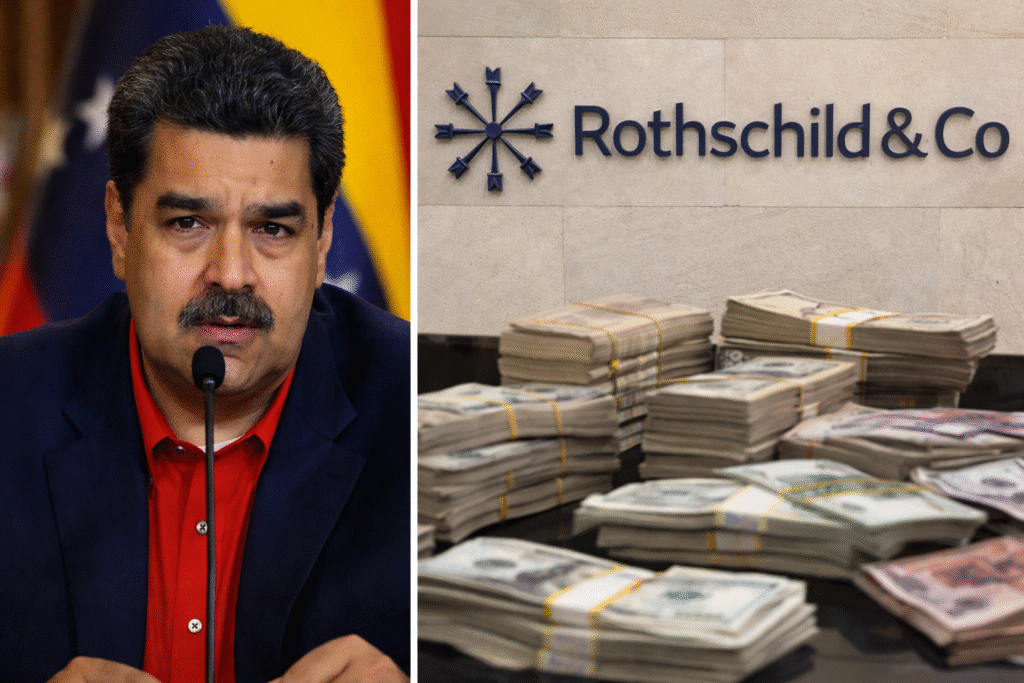 Split image shows Venezuelan President Nicolás Maduro speaking at a podium on the left and the Rothschild & Co. logo displayed above stacks of bundled currency on the right, symbolizing Venezuela’s debt advisory arrangement.