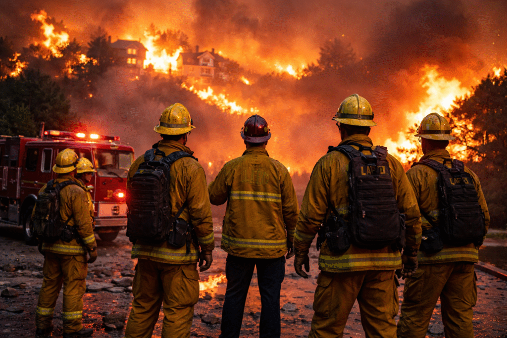 Los Angeles firefighters stand near active flames as a wildfire engulfs hillside homes during the Palisades Fire, with burning structures and heavy smoke visible in the background.