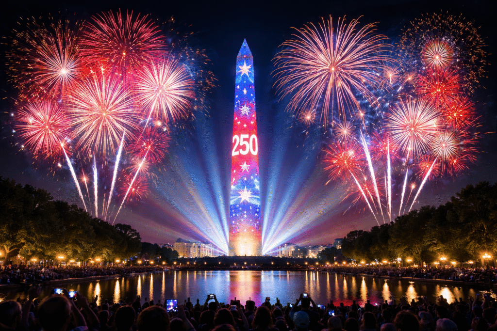 Nighttime fireworks erupt over the Washington Monument as patriotic red, white, and blue projections illuminate the obelisk during a Freedom 250 New Year’s Eve celebration on the National Mall.