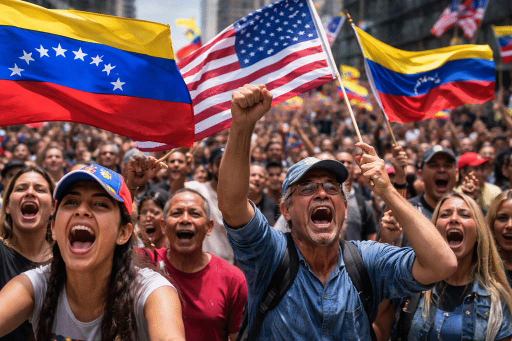 Crowd of Venezuelan demonstrators cheering in a city street while waving Venezuelan and United States flags, with raised fists and expressive faces during a public rally.