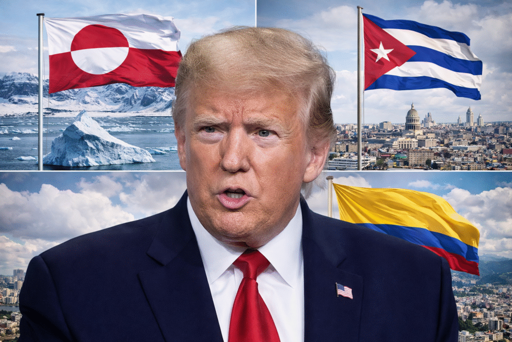 Composite image showing President Donald Trump centered in the frame, with backgrounds representing Greenland’s icy landscape, Havana’s city skyline in Cuba, and Colombia’s mountainous terrain, symbolizing U.S. geopolitical focus following the capture of Nicolás Maduro.
