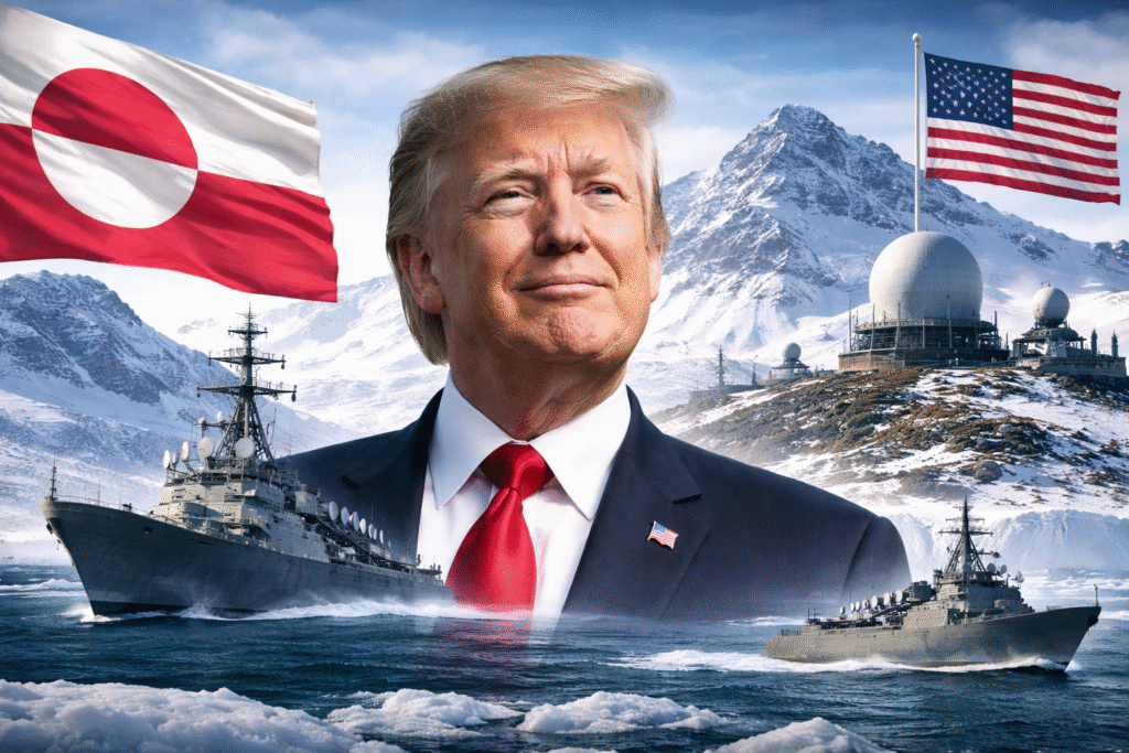 Composite image showing President Donald Trump standing in front of a snowy Arctic landscape, with U.S. naval vessels, radar installations, and the flags of the United States and Greenland visible in the background.