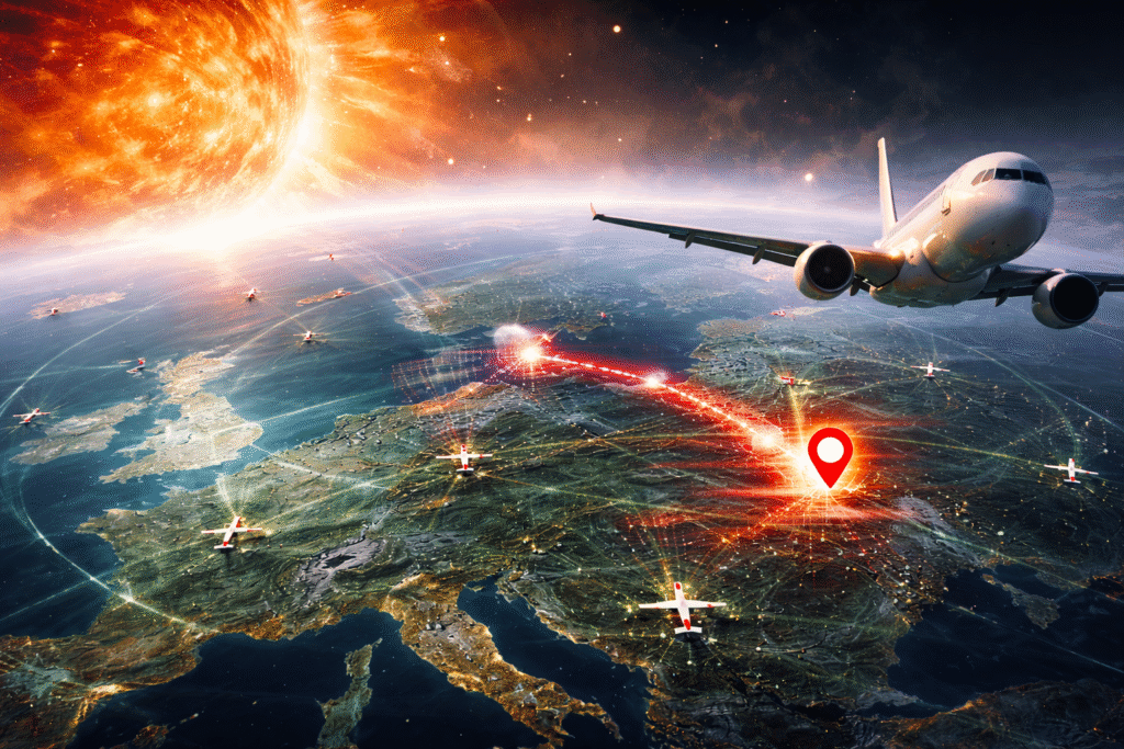 Commercial aircraft fly over a digital map of Europe showing disrupted flight paths as a solar storm erupts from the Sun, illustrating GPS and ADS-B tracking errors during the May 2024 geomagnetic superstorm.