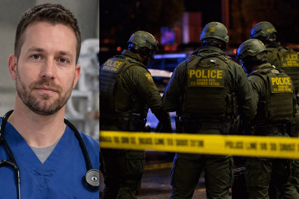 Composite news image showing Alex Pretti in medical scrubs on one side and U.S. Border Patrol agents in tactical gear on the other, standing behind police tape at a nighttime immigration enforcement scene illuminated by emergency lights.