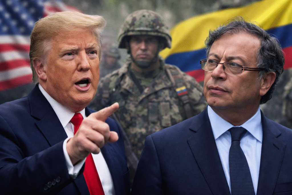 President Donald Trump pointing while speaking beside Colombian President Gustavo Petro, with U.S. and Colombian flags and a uniformed soldier visible in the background.