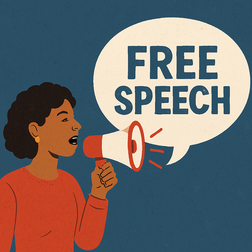 Illustration of diverse people in a public square holding colorful speech bubbles around a glowing central microphone, symbolizing free speech and unity.