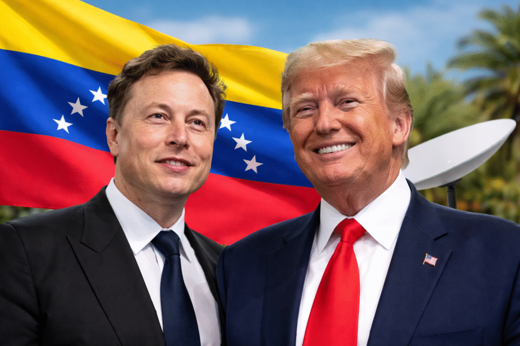 Elon Musk and President Donald Trump standing side by side in suits, smiling in front of a Venezuelan flag with a Starlink satellite dish visible in the background.
