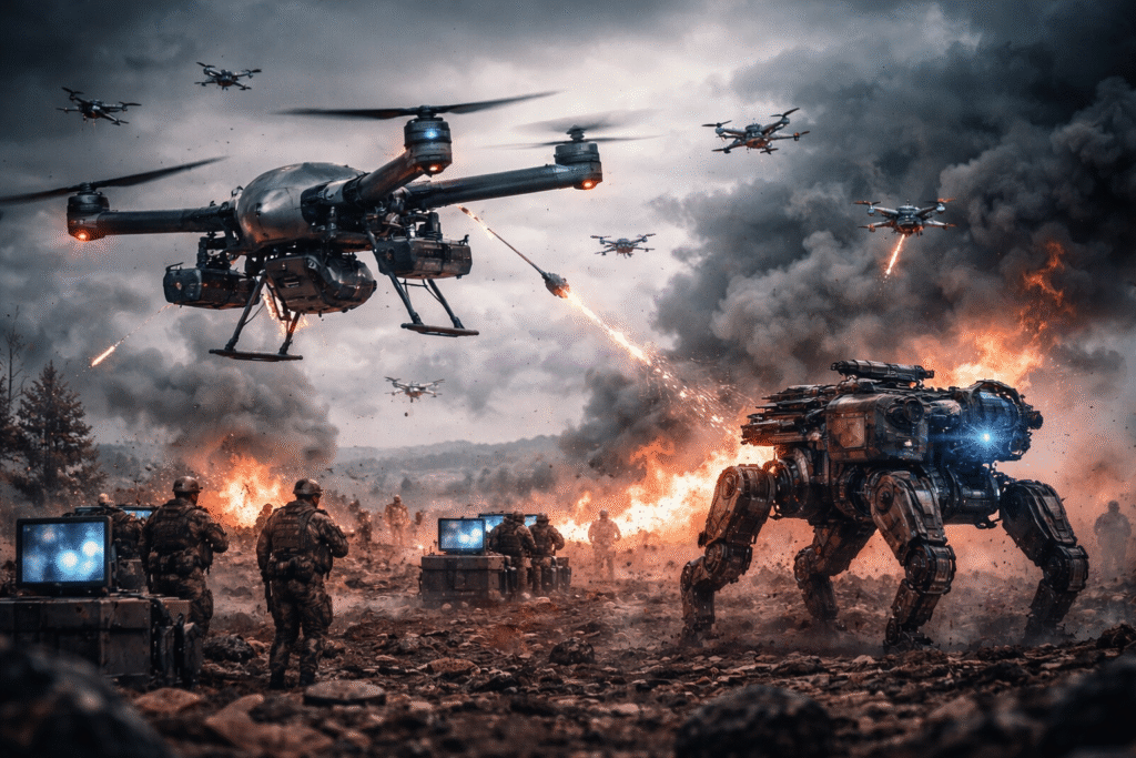 Autonomous combat drones and a robotic ground vehicle operate over a battlefield as soldiers monitor control screens amid explosions, smoke, and drone swarms in a modern warfare scenario.