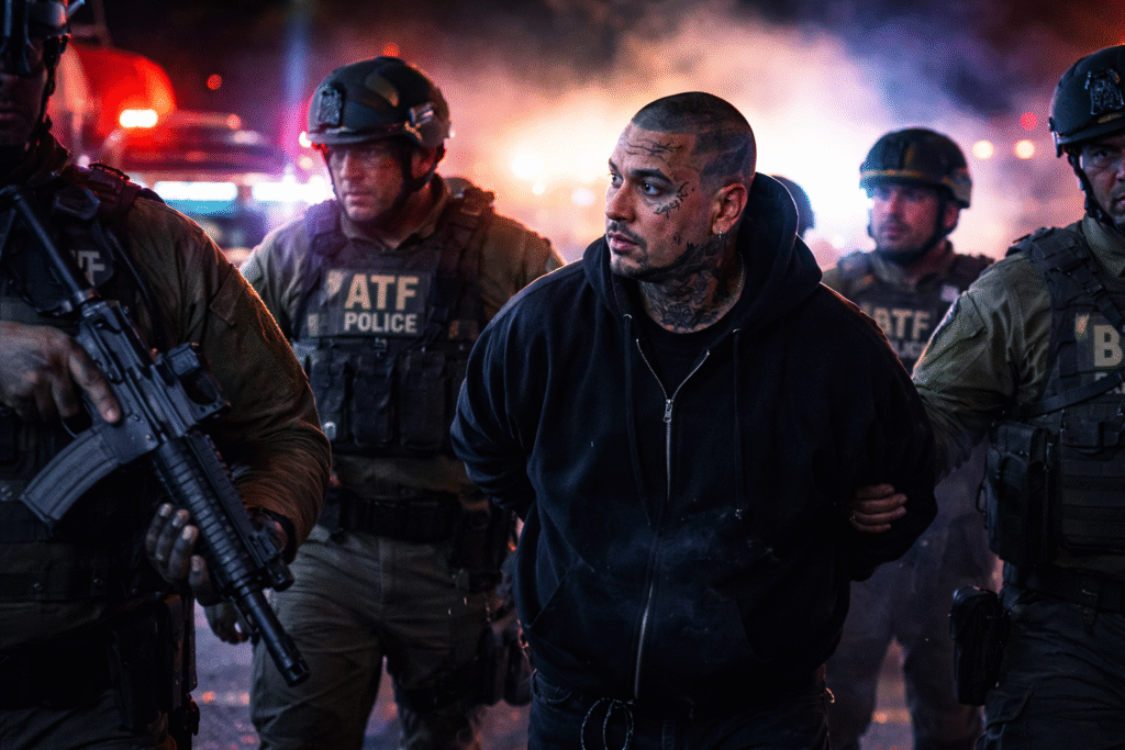Federal agents arrest a heavily tattooed suspect during nighttime unrest in Minneapolis, with ATF officers in tactical gear and flashing emergency lights visible in the background.