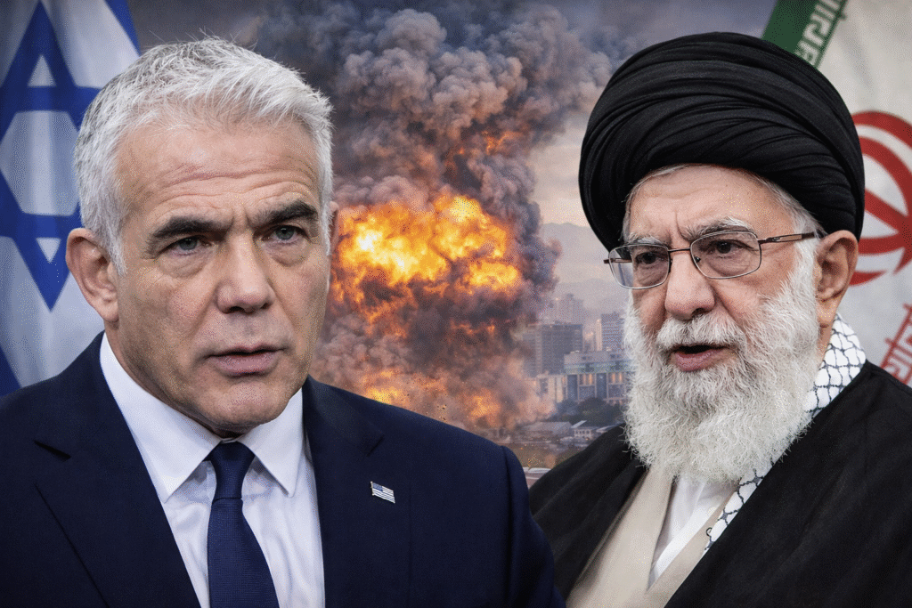 Composite image showing Israeli opposition leader Yair Lapid and Iran’s Supreme Leader Ayatollah Ali Khamenei facing each other, with Israeli and Iranian flags in the background and a large explosion over a cityscape symbolizing rising tensions following the U.S. attack on Venezuela.