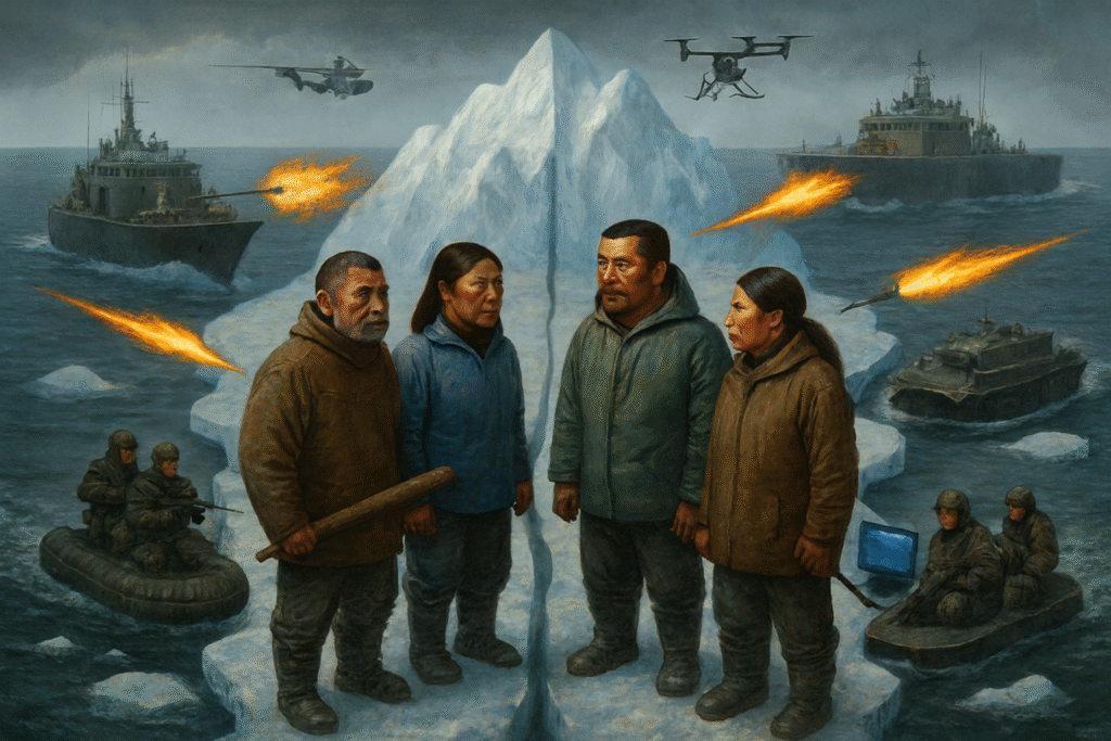 Four Inuit individuals stand on a split Arctic iceberg amid a tense military standoff, symbolizing geopolitical conflict.