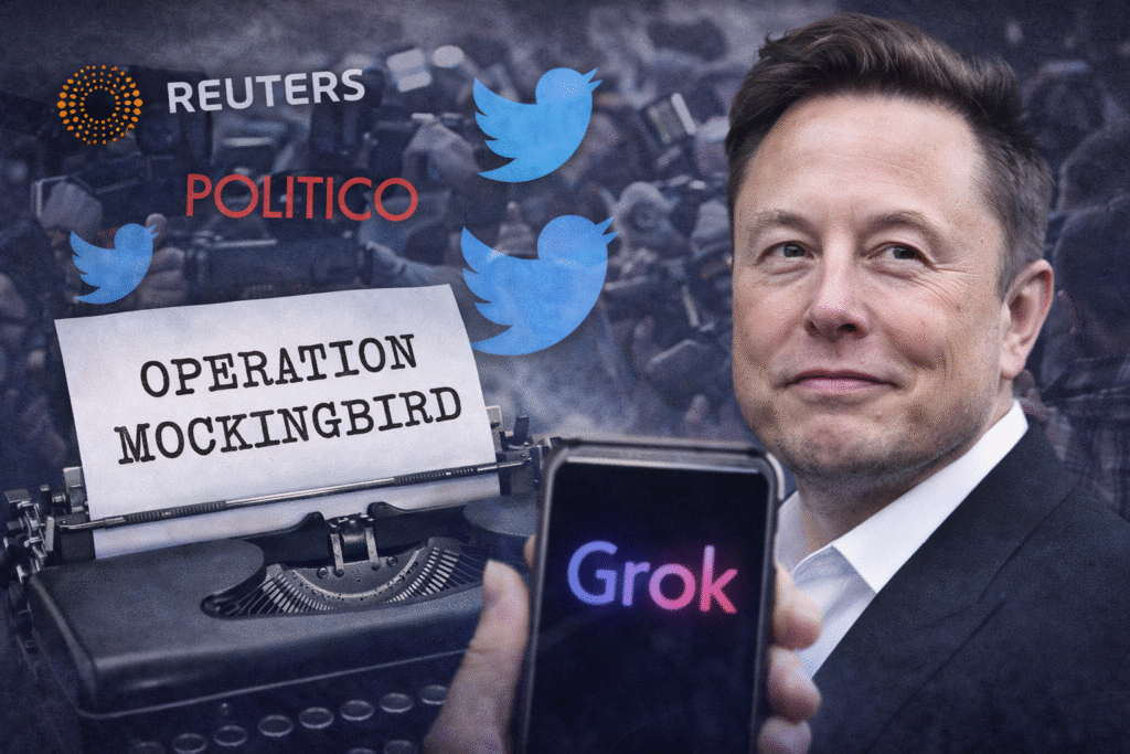 Composite image showing Elon Musk holding a smartphone displaying the Grok AI logo, with a vintage typewriter and blurred newsroom background featuring media-related symbols behind him.