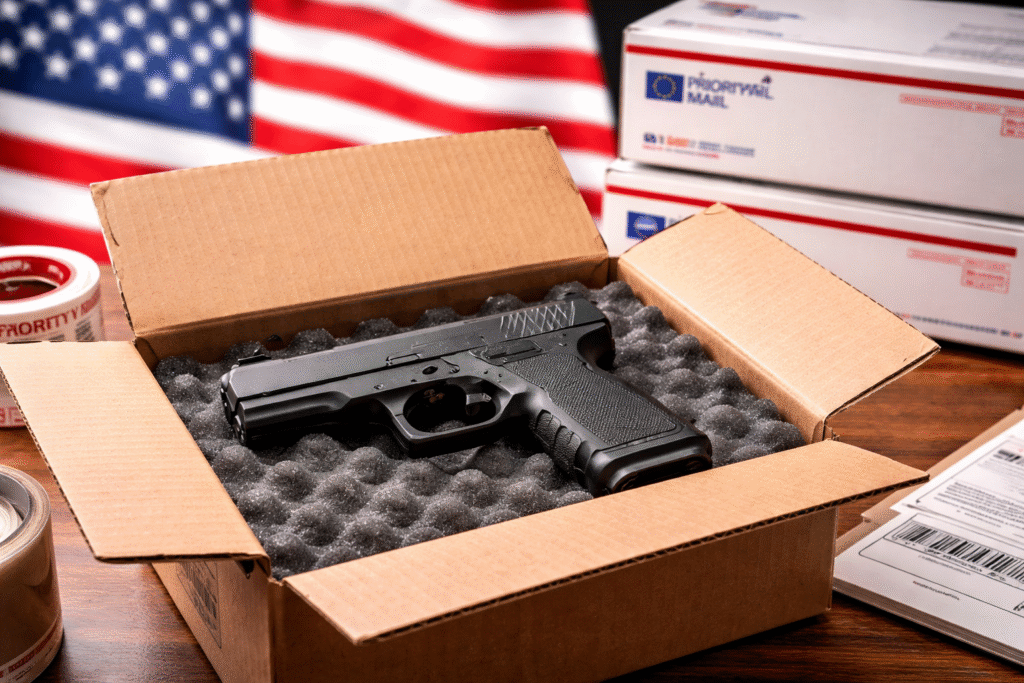 Open cardboard shipping box containing a black semi-automatic handgun secured in gray foam packaging on a wooden table, with U.S. flag in the background and USPS Priority Mail boxes nearby.