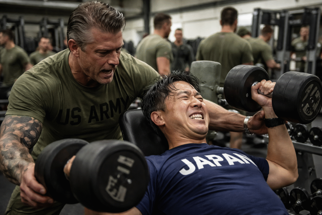 U.S. Secretary of War Pete Hegseth spots Japanese Defense Minister Shinjirō Koizumi during a strength training workout inside a military gym, with service members exercising in the background.