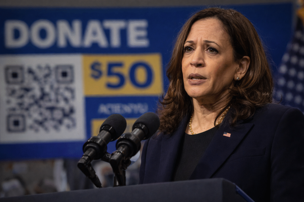 Kamala Harris speaks at a campaign fundraising event, standing at a podium with microphones, as a donation sign and American flag appear blurred in the background.