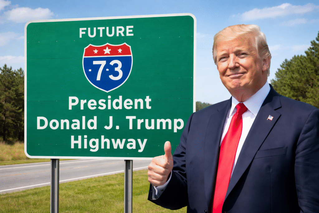 Photograph of President Donald Trump standing beside a green highway sign labeled for Future Interstate 73, giving a thumbs-up along a rural roadway under a clear sky.