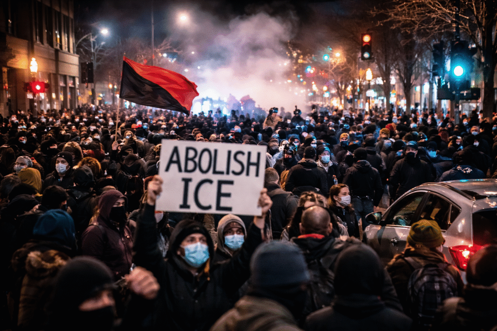 Large nighttime anti-ICE protest in Minneapolis with crowds blocking a city street, visible fires, smoke, police vehicles in the distance, and protesters holding “Abolish ICE” and “No ICE” signs.