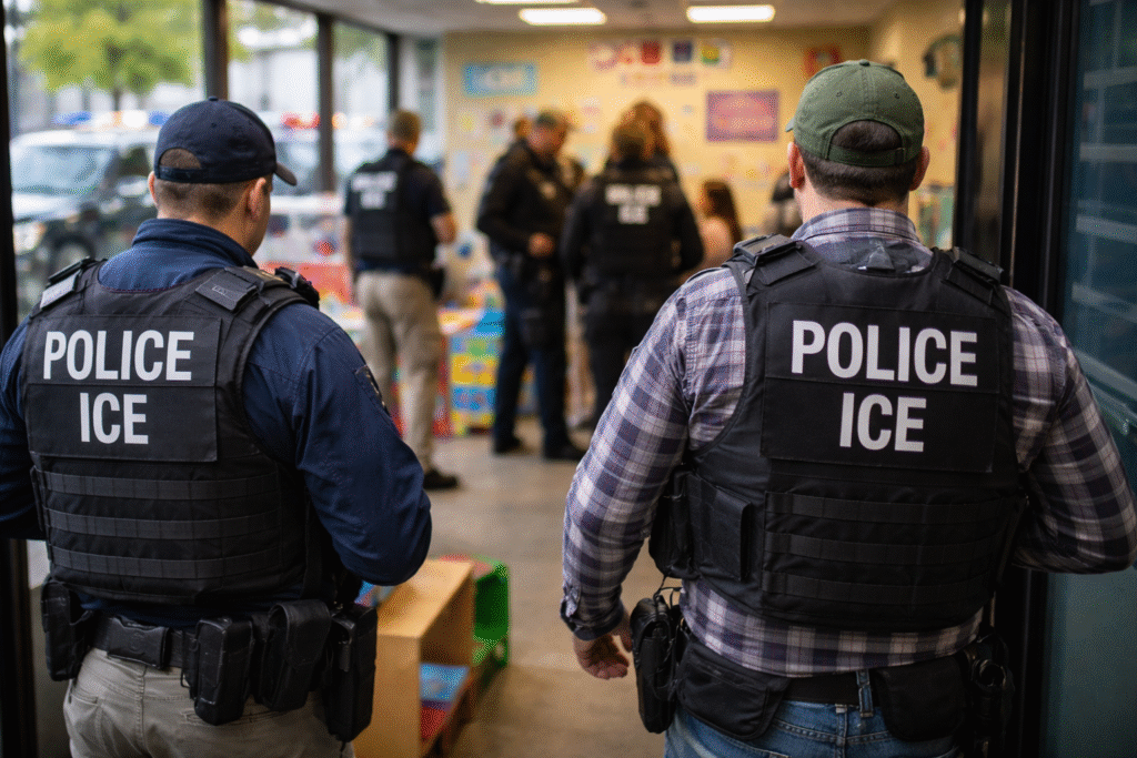 ICE agents wearing tactical vests stand inside a Minneapolis daycare during an active investigation, with officers visible in the background among children’s furniture and classroom materials.