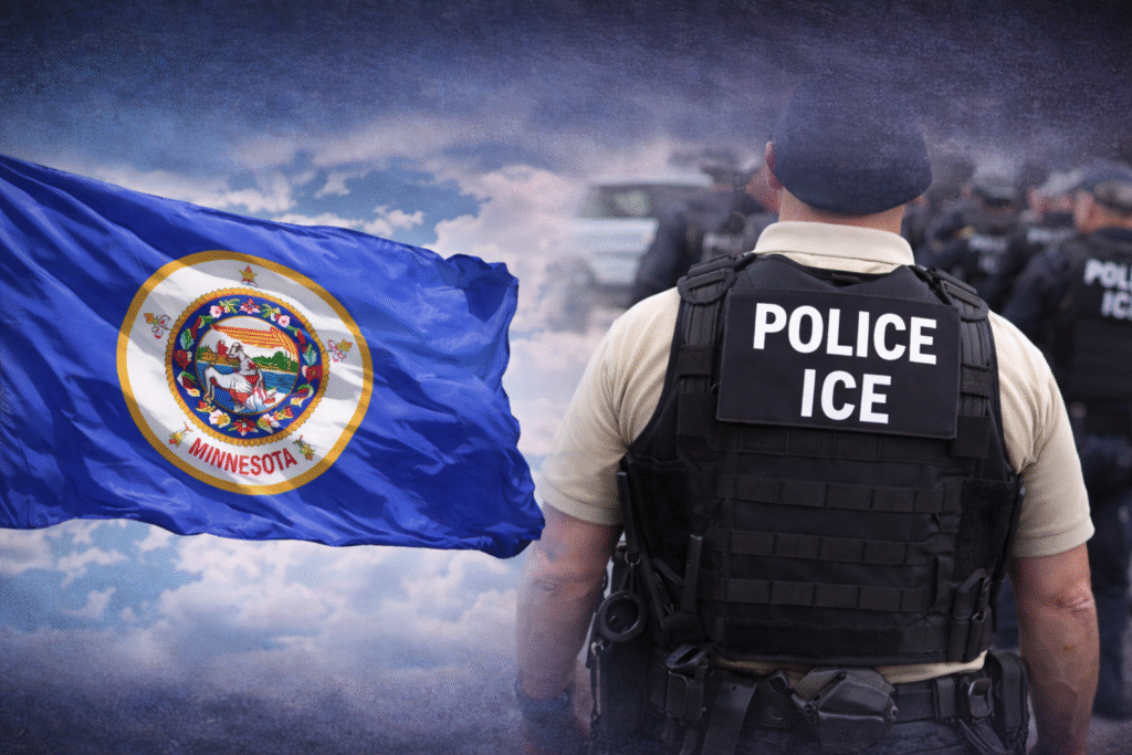 Minnesota state flag displayed beside a federal immigration enforcement officer wearing tactical gear, with additional officers visible in the background.