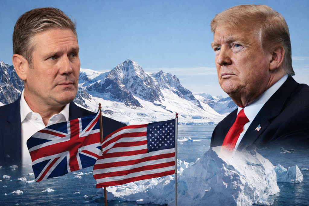UK Prime Minister Keir Starmer and US President Donald Trump shown against an icy Greenland landscape with snow-covered mountains and floating ice, alongside UK and US flags.