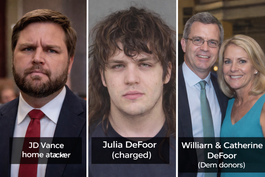 Side-by-side images show Vice President JD Vance in a suit on the left and a mugshot of Julia DeFoor on the right, wearing an orange jail uniform, following an alleged attack at Vance’s Ohio home.