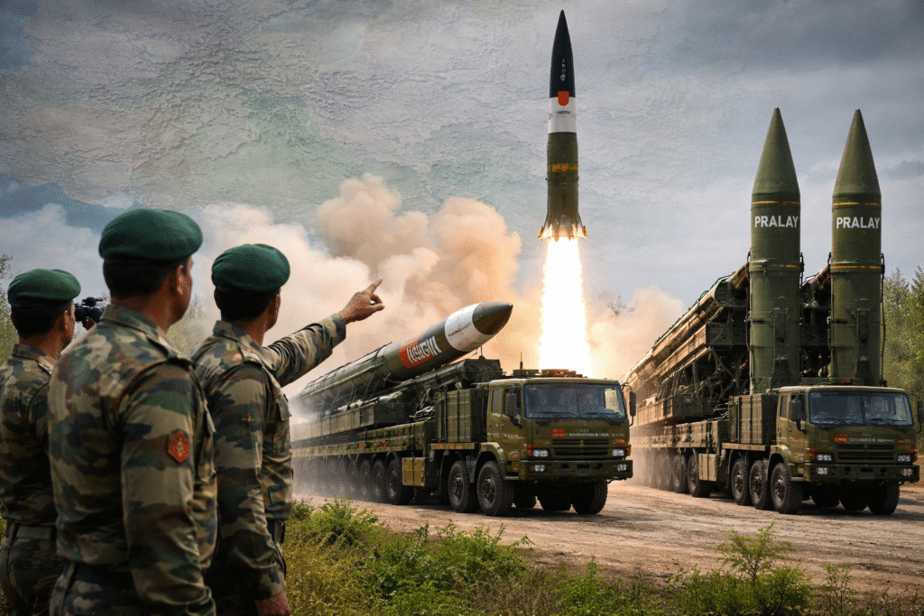 Indian Army personnel observe a missile launch at a military site, with multiple mobile missile launchers, ballistic missiles, and a rocket ascending into the sky during a daytime exercise.