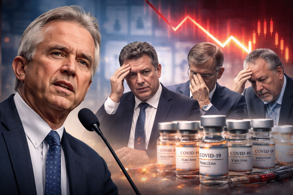 Composite image showing Robert F. Kennedy Jr. speaking at a podium in the foreground, with pharmaceutical executives seated behind him displaying concerned expressions, vaccine vials lined across the bottom, and a downward-trending stock market graph in the background.