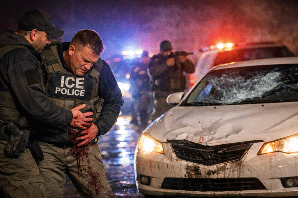 ICE agent receiving assistance after being injured during a nighttime enforcement operation, with a damaged car and flashing police lights visible at the scene.