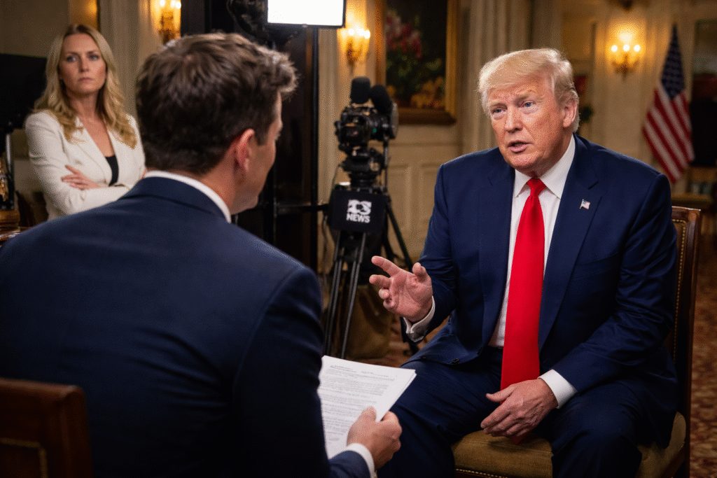 President Donald Trump speaks during a CBS News interview as journalist Tony Dokoupil listens, with White House Press Secretary Karoline Leavitt observing in the background.