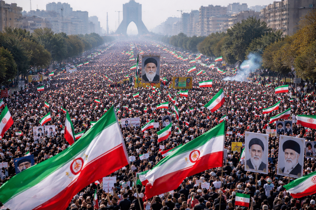Aerial view of a massive pro-government rally in Tehran with dense crowds filling a broad boulevard, Iranian flags waving, and Azadi Tower visible in the distance.