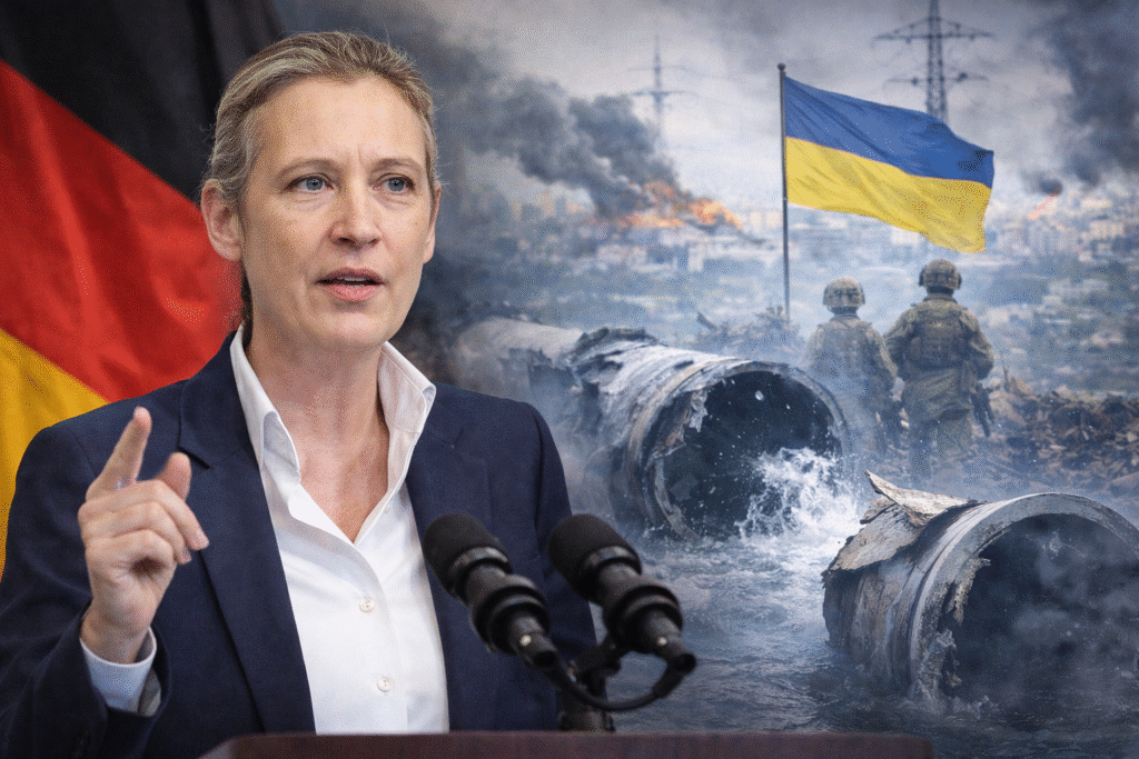 Alice Weidel speaks at a podium with microphones, with the German flag behind her and composite imagery showing damaged Nord Stream gas pipelines, Ukrainian soldiers, and smoke over a city, illustrating debate over Germany’s energy and Ukraine policies.