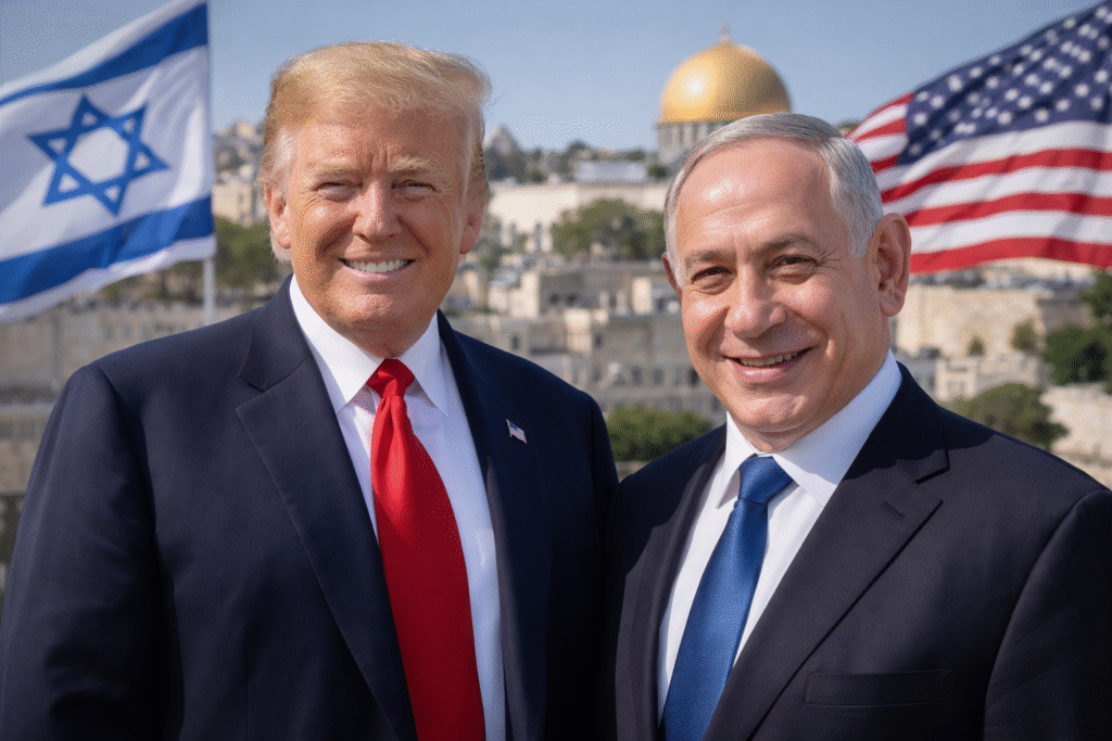 President Donald Trump and Israeli Prime Minister Benjamin Netanyahu stand side by side smiling, with Israeli and U.S. flags and Jerusalem’s Old City visible in the background.